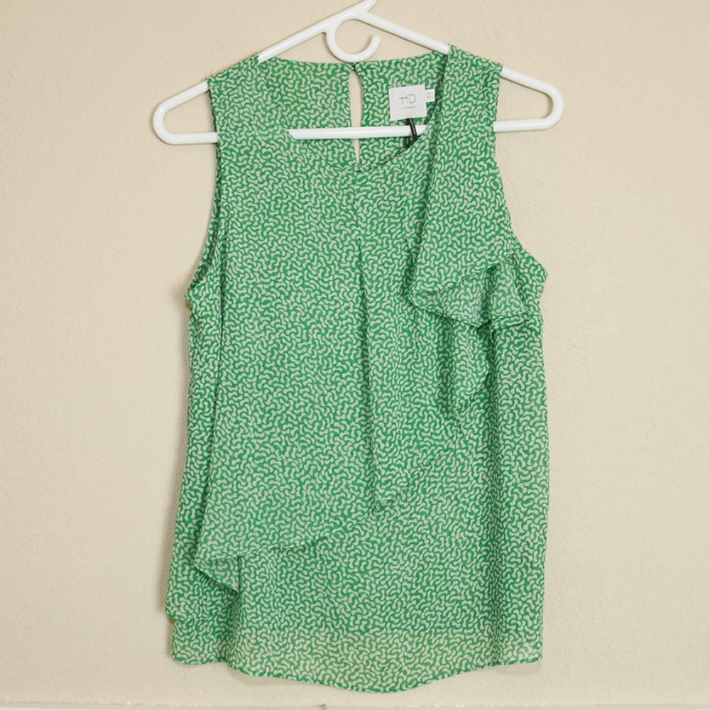 HD In Paris Anthropologie Green Sun Garden Sleeveless Ruffle Top Blouse Sz 2